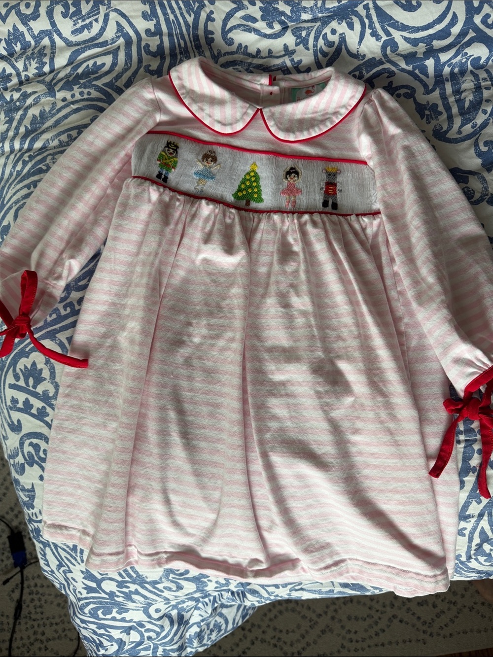 Girls' Pink Striped Holiday Smocked Nightgown with Red Trim